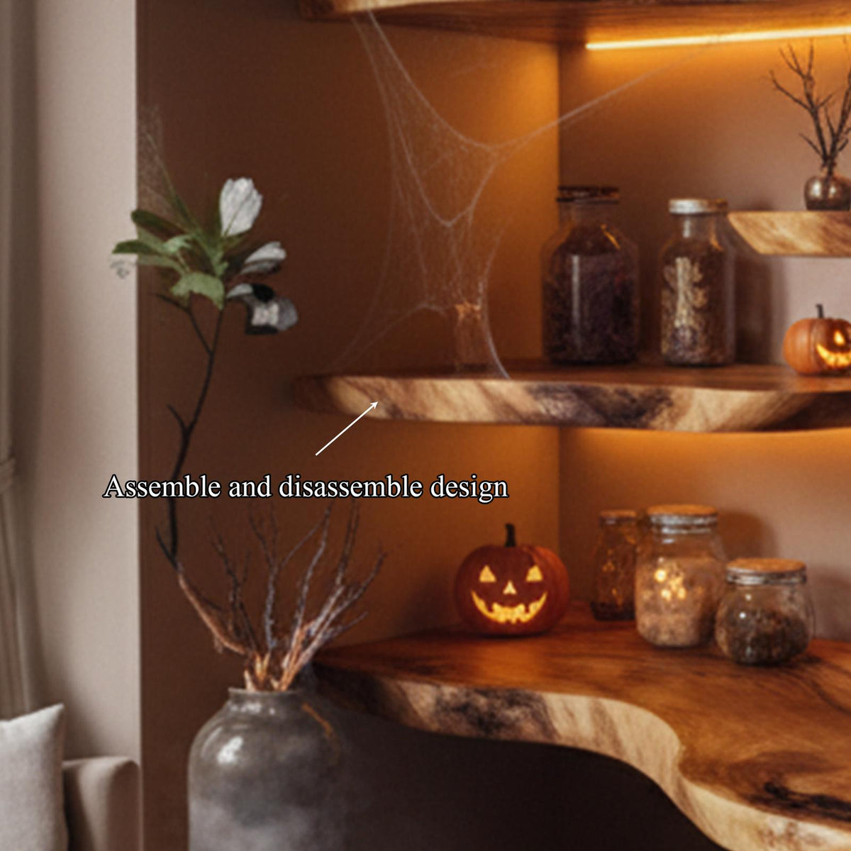 Mid Century Floating Wooden Shelves Halloween Style Living Room