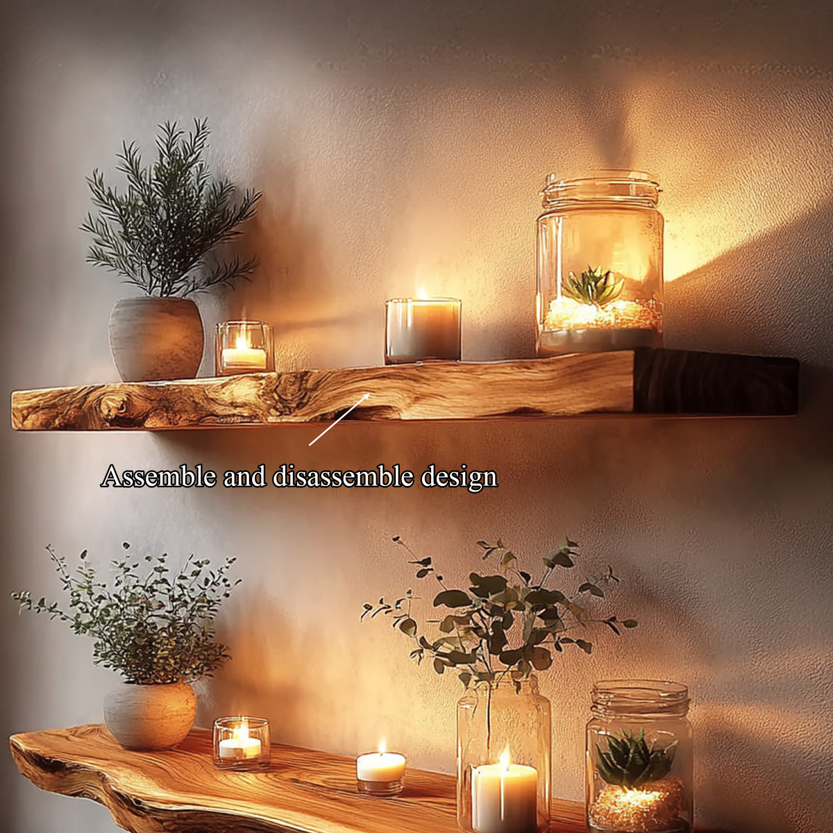 Rustic Solid Wood Floating Shelf, Warm Natural Wall Mounted Display Ledge for Decorative Accents, Living Room, Office