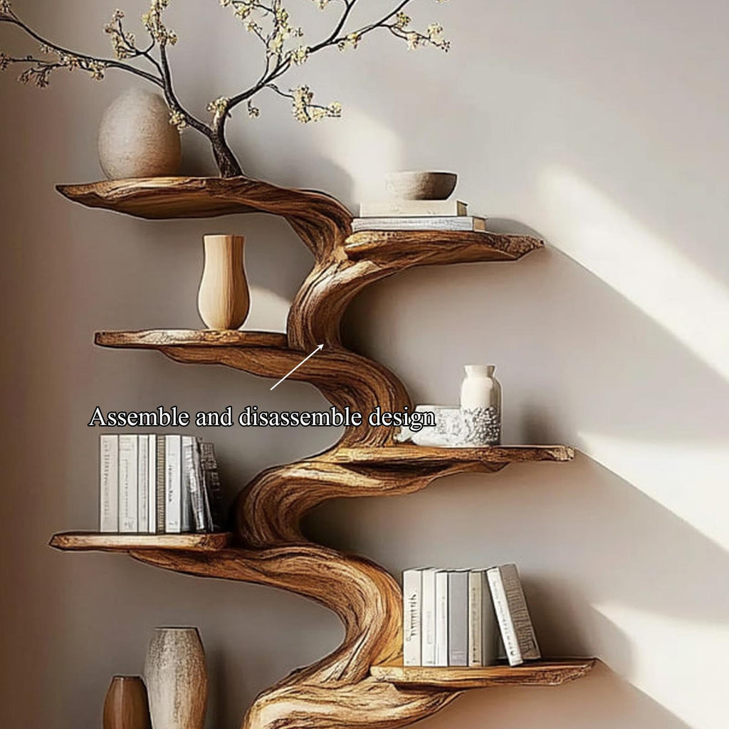 Rustic Tree Inspired Wooden Wall Shelf, Floating Branch Bookshelf & Storage Organizer Rack for Home Office Decor