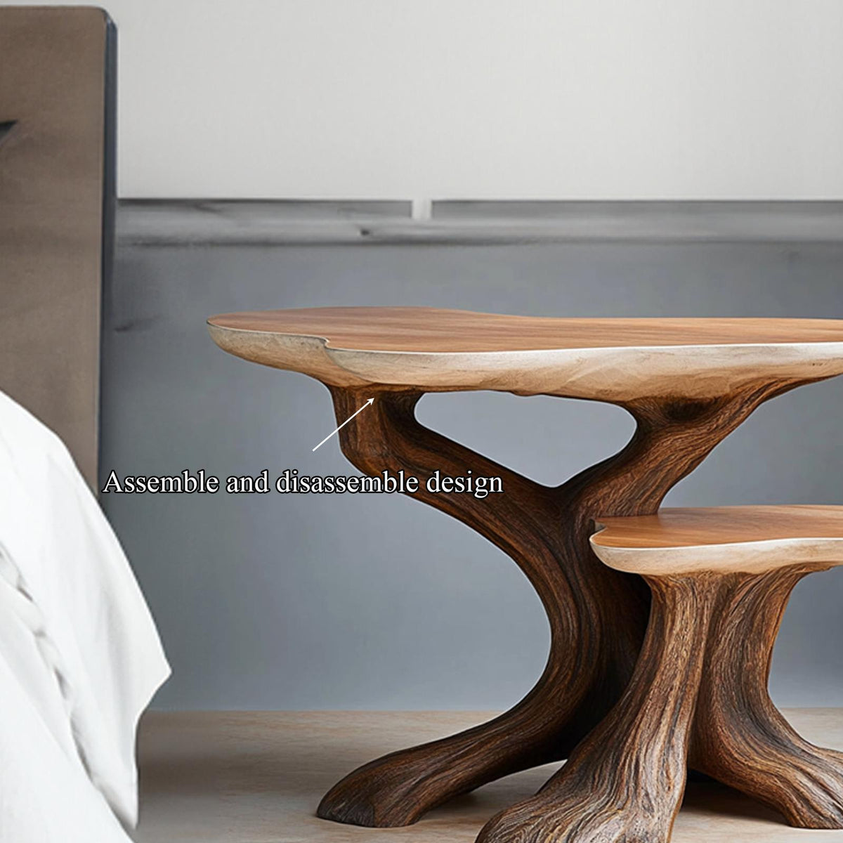 Rustic Tree Shaped Bedside Table, Handcrafted Natural Wood Nightstand & Artistic Accent End Table for Bedroom