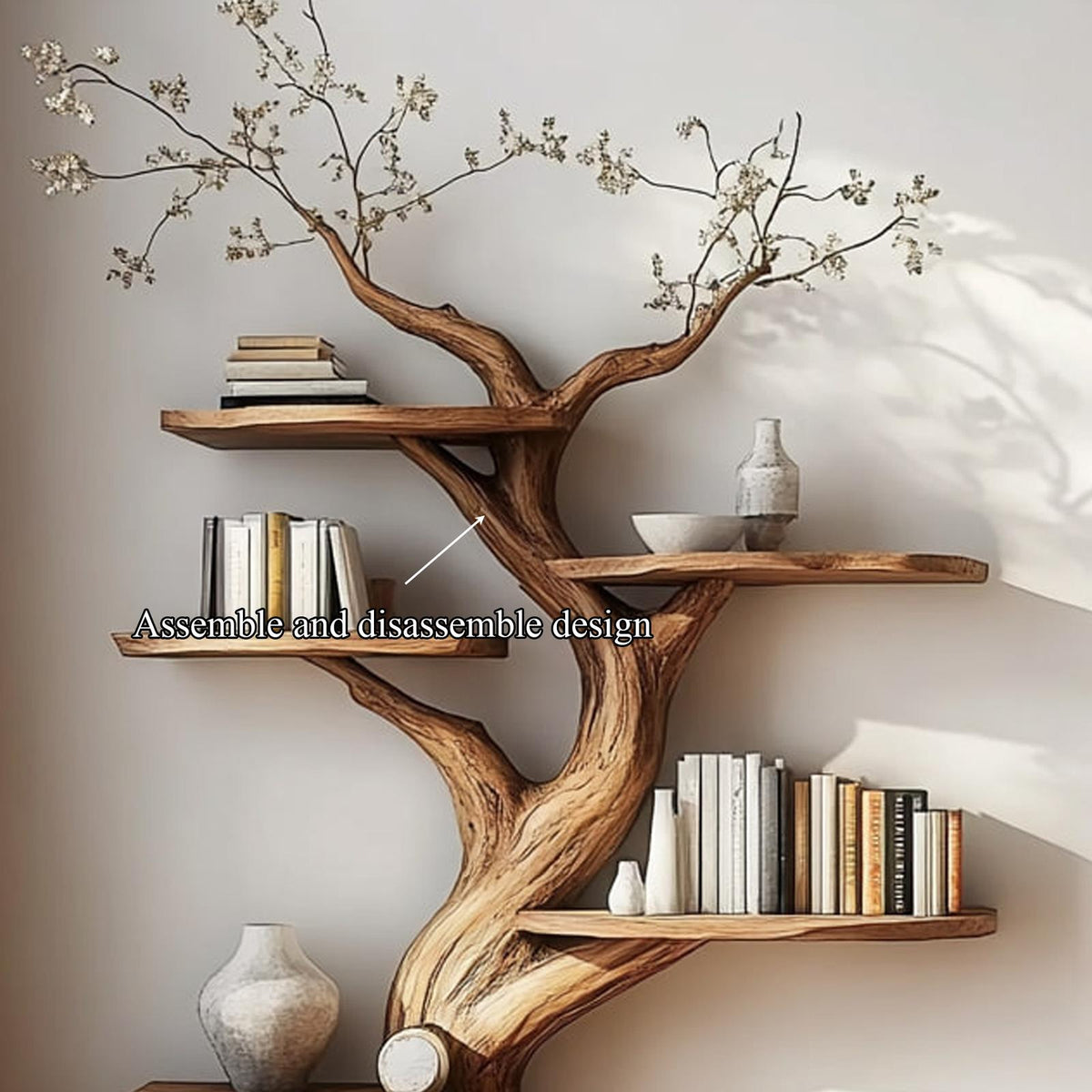 Rustic Artistic Tree Shaped Wooden Bookshelf, Handcrafted Branch Bookcase Organizer for Bedroom, Living Room