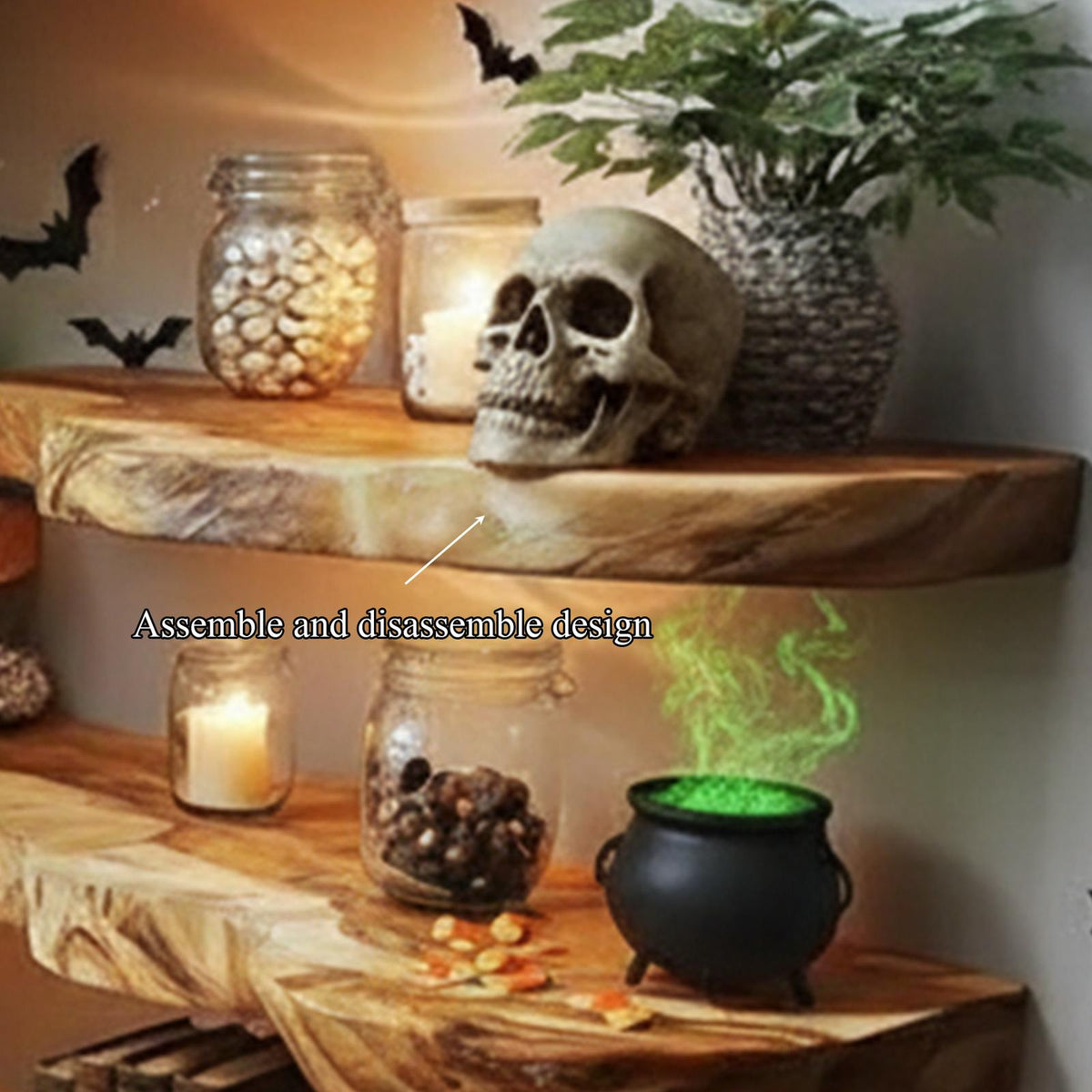 Rustic Farmhouse Floating Wall Shelf, Wooden Tree Branch Wall Shelf, Spooky Halloween & Goth Living Room Display