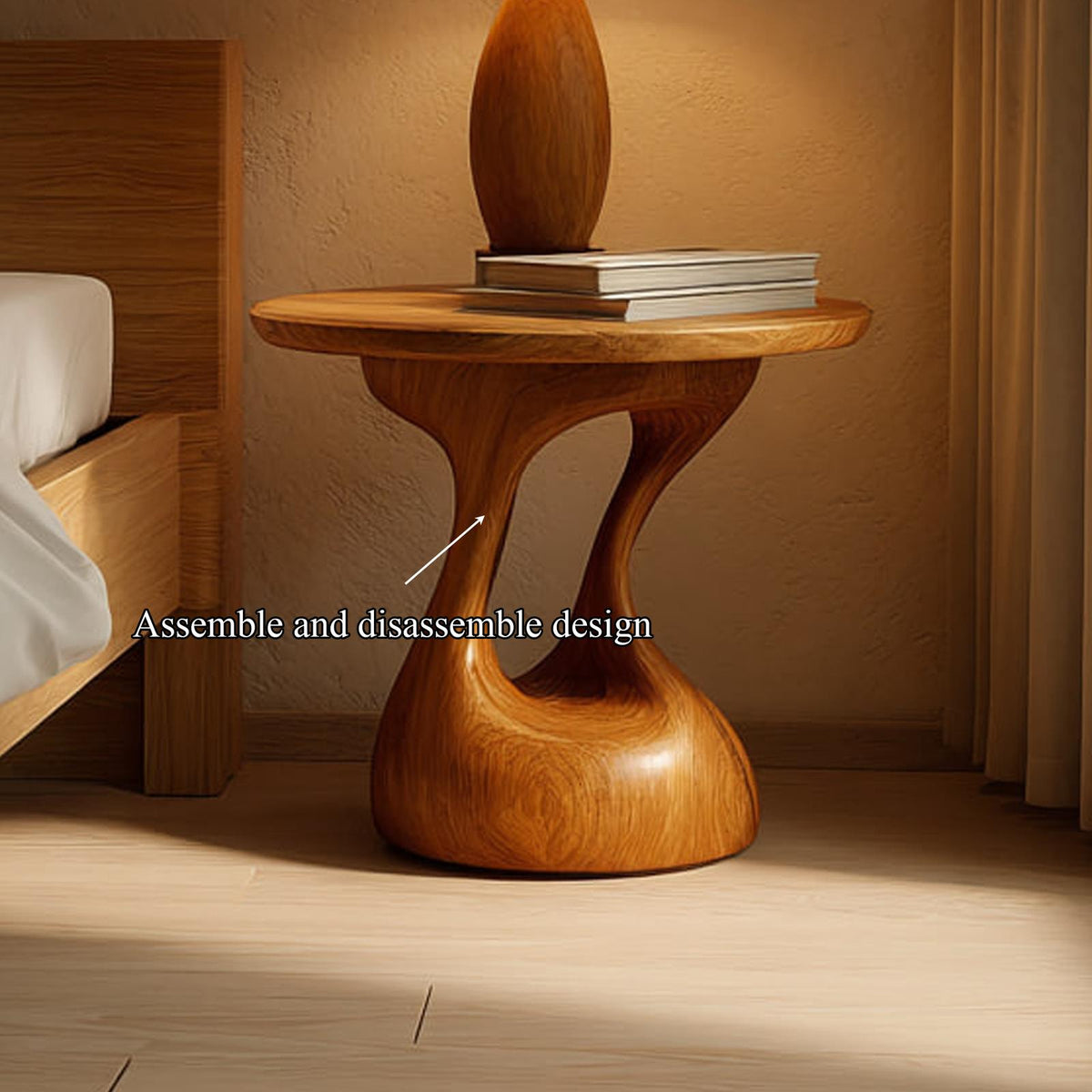 Mid Century Modern Sculptural Bedside Table, Wood Nightstand & Accent End Table for Bedroom, Living Room Decor