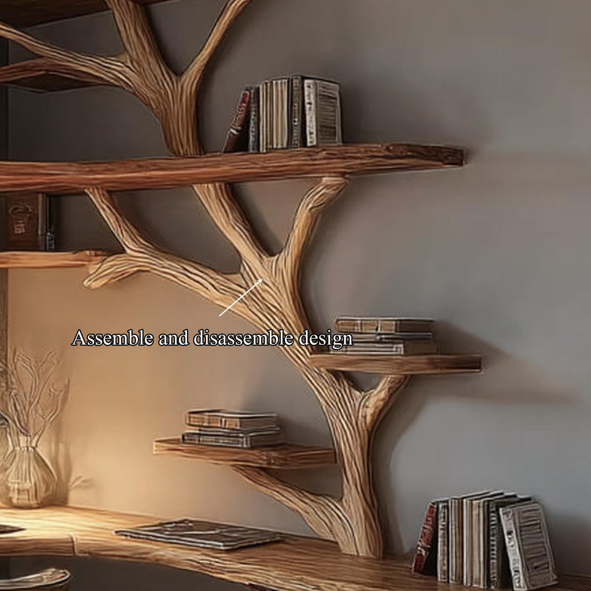 Rustic Branch Bookshelf Desk Living Room Or Home Workspace