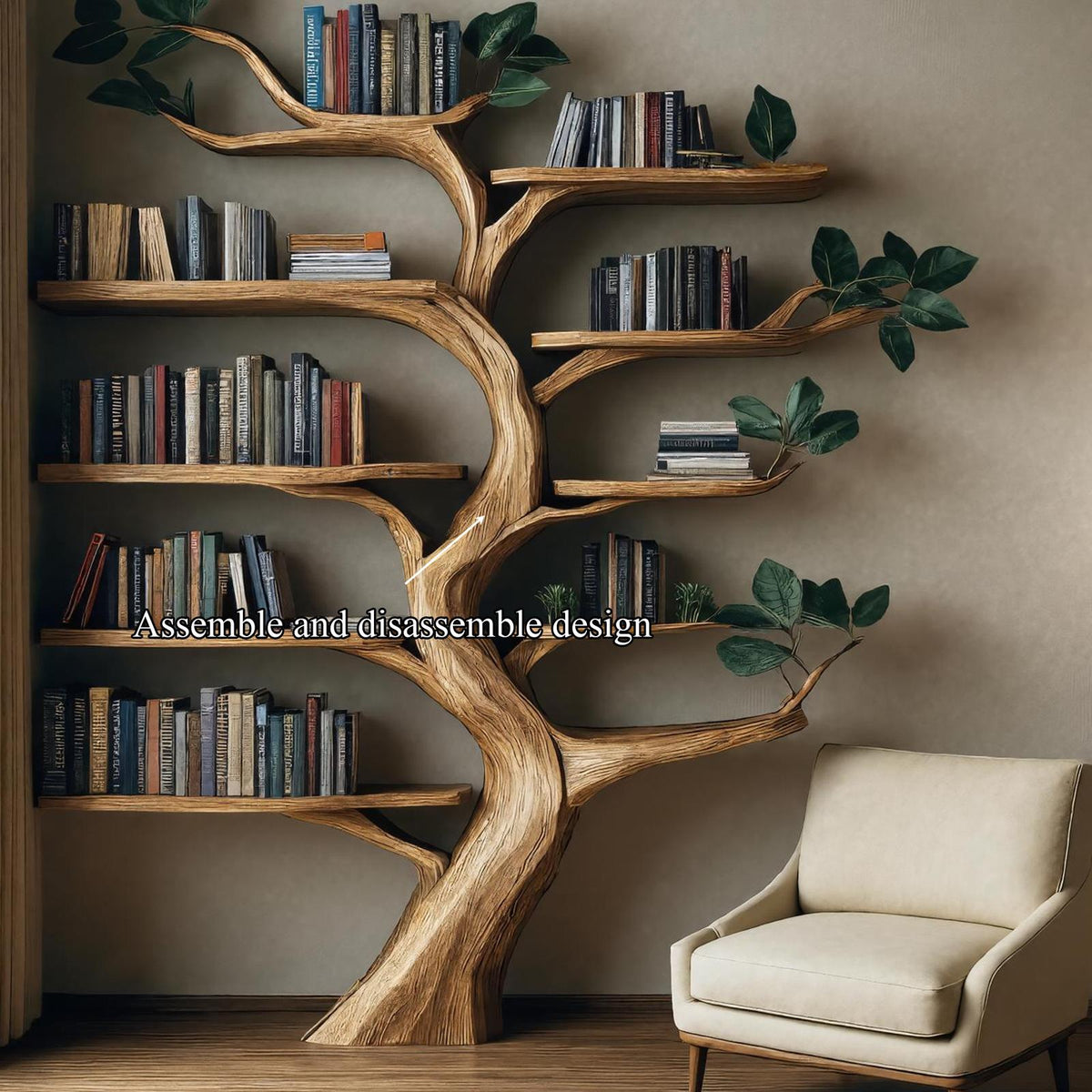 Rustic Branch Bookshelf, Solid Wood Wall Mounted Bookcase & Decorative Floating Organizer for Living Room or Dining Room