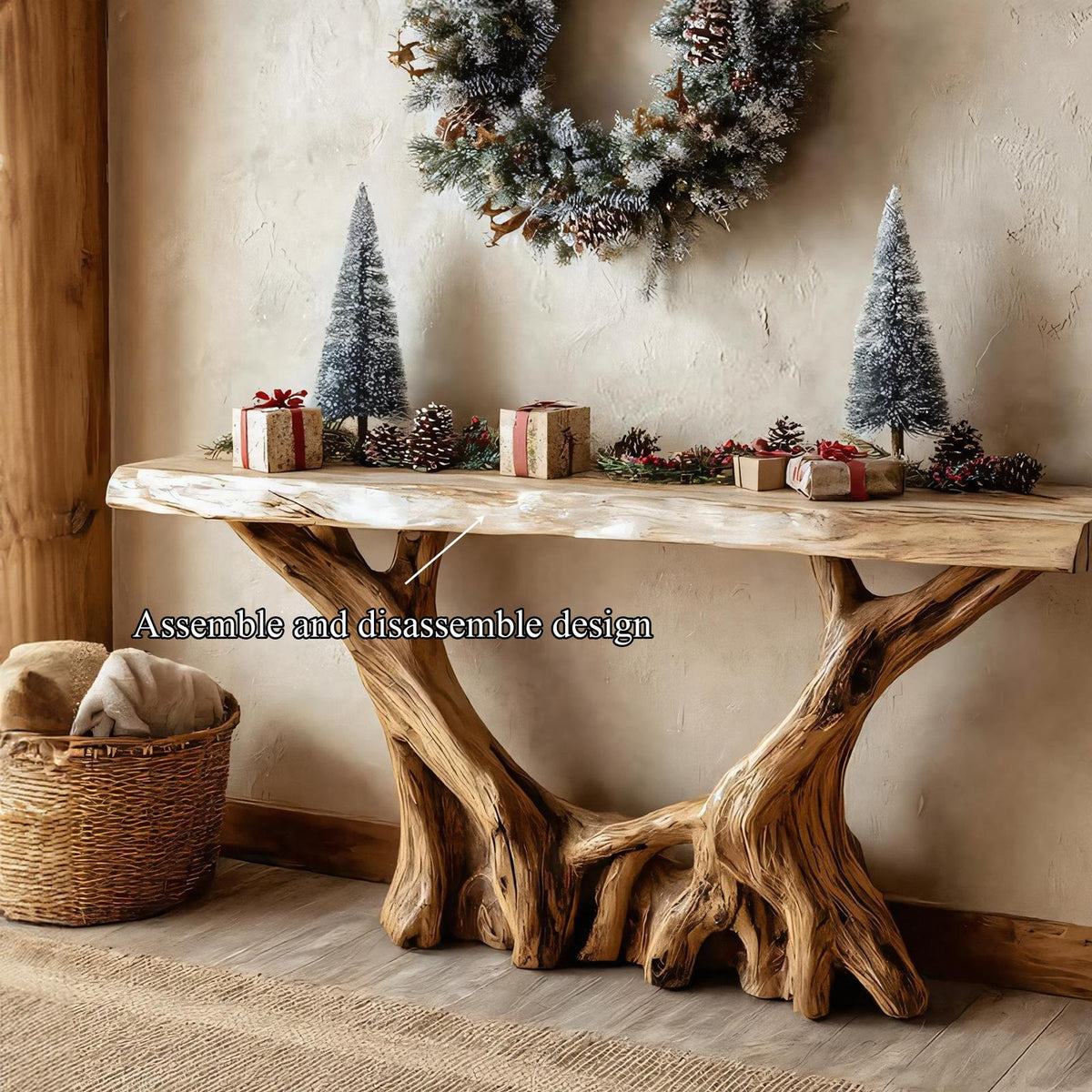 Rustic Sculptural Console Table, Solid Wood Handcrafted Foyer Table, Unique Living Room Holiday Accent Table