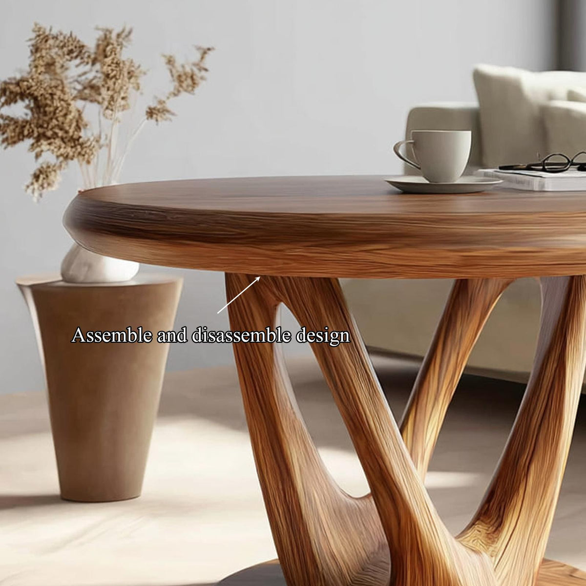 Mid Century Organic Round Table, Solid Wood Sculptural Coffee Table Centerpiece for Living Room, Den, Dining Room