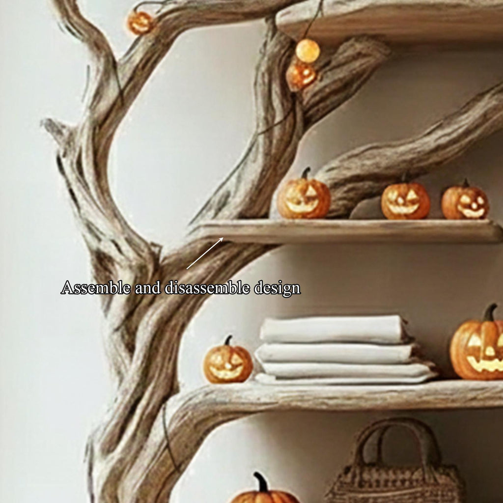 Mid-Century Wooden Tree Clothes Organizer Shelf, Rustic Tree-Shaped Coat & Hat Rack, Spooky Halloween Home Decor