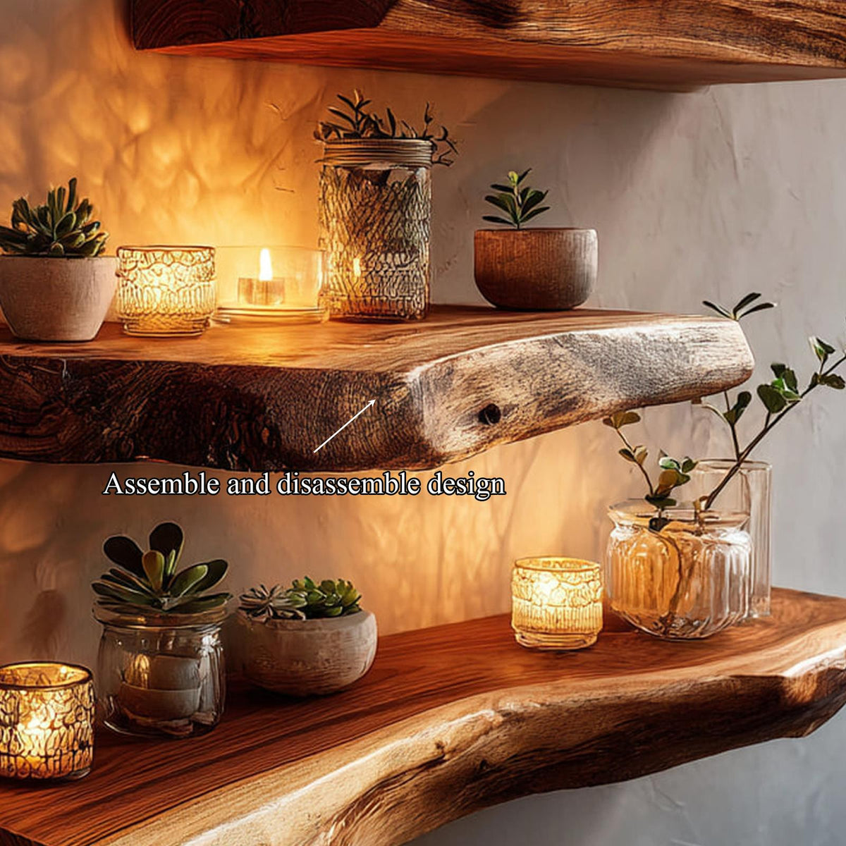 Rustic Live Edge Floating Wood Shelf, Decorative Wall Mounted Hanging Storage Organizer Ledge for Living Room Art, Plants
