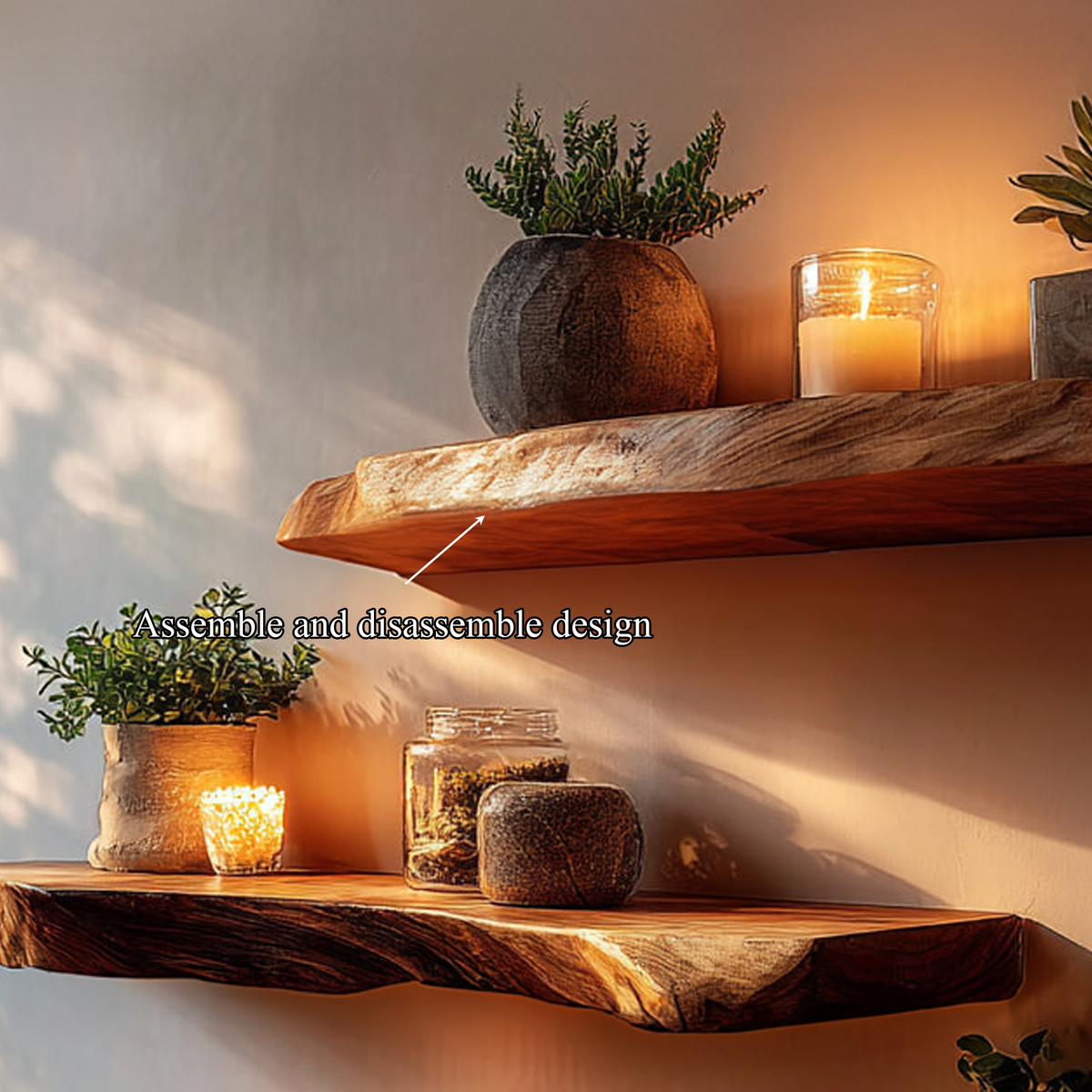 Rustic Live Edge Floating Wood Shelves, Wall Mounted Book & Plant Display Storage Organizer for Home Office, Bedroom Set