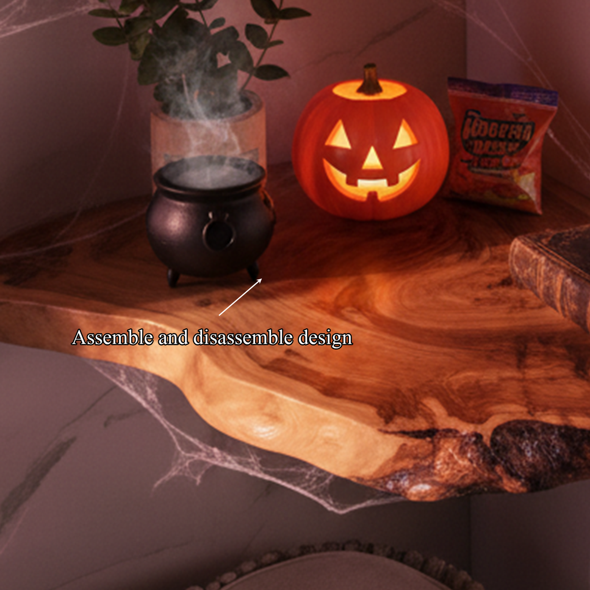 Mid-Century Floating Shelf, Rustic Wooden Tree Branch Wall Mounted Accent Shelf, Spooky Halloween Living Room Decor