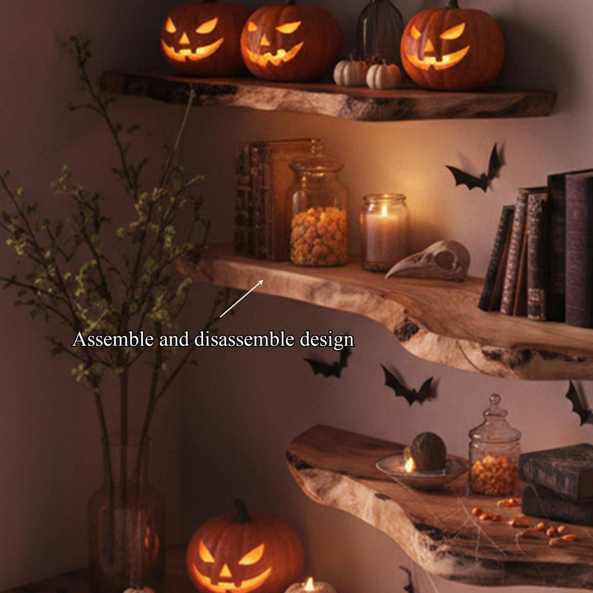 Mid Century Halloween Floating Shelf Natural Wood Wall Decor