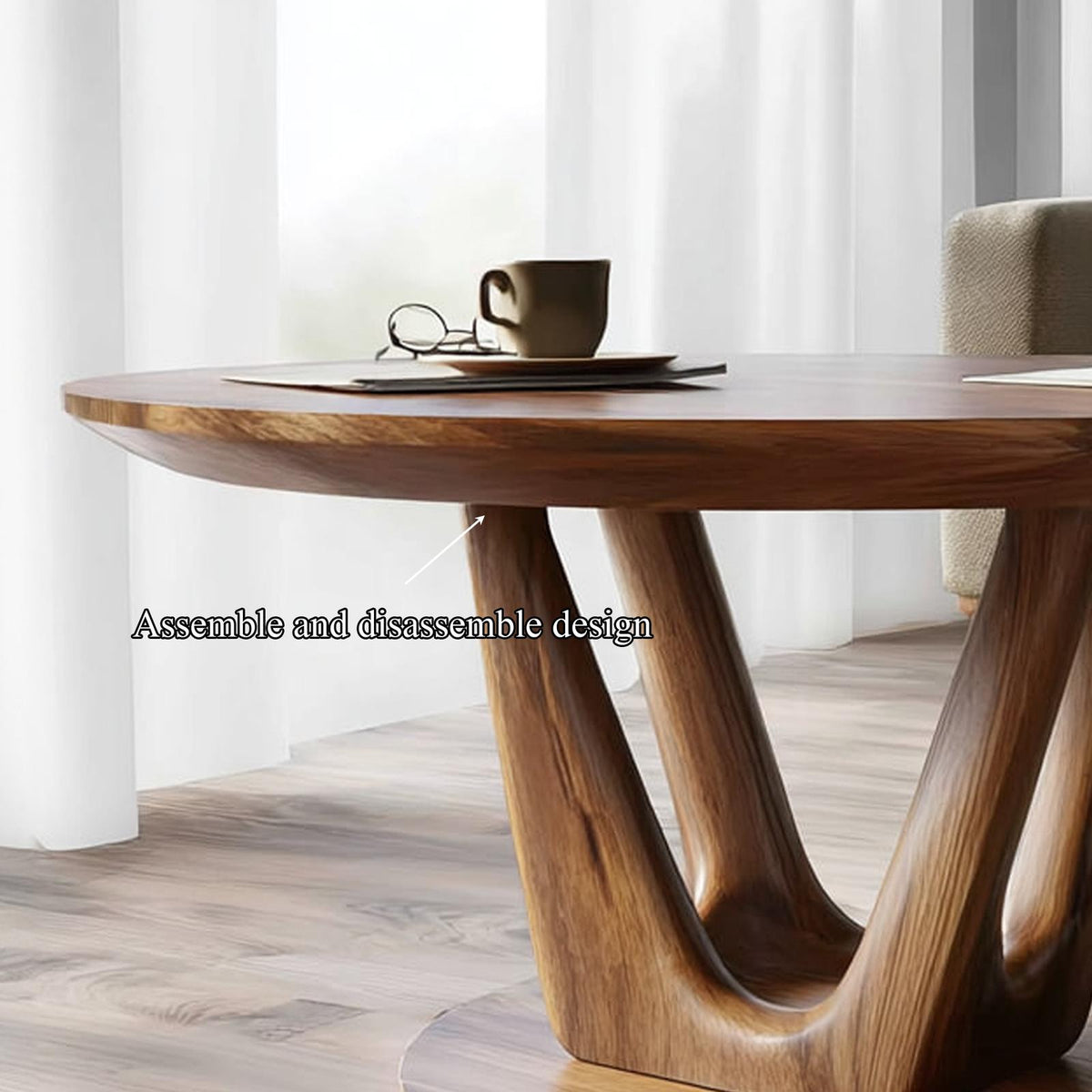 Contemporary Round Coffee Table, Mid-Century Modern Solid Wood Sculptural Centerpiece Table for Living Room, Lounge