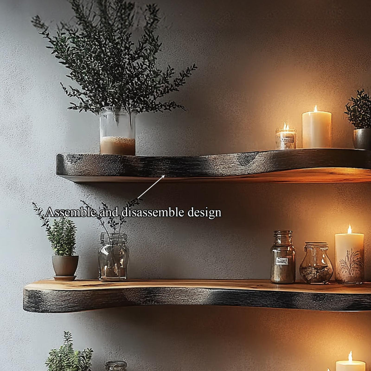 Rustic Floating Wood Shelf, Boho Chic Wall Mounted Hanging Storage Display Ledge for Plants & Books, Living Room, Bedroom