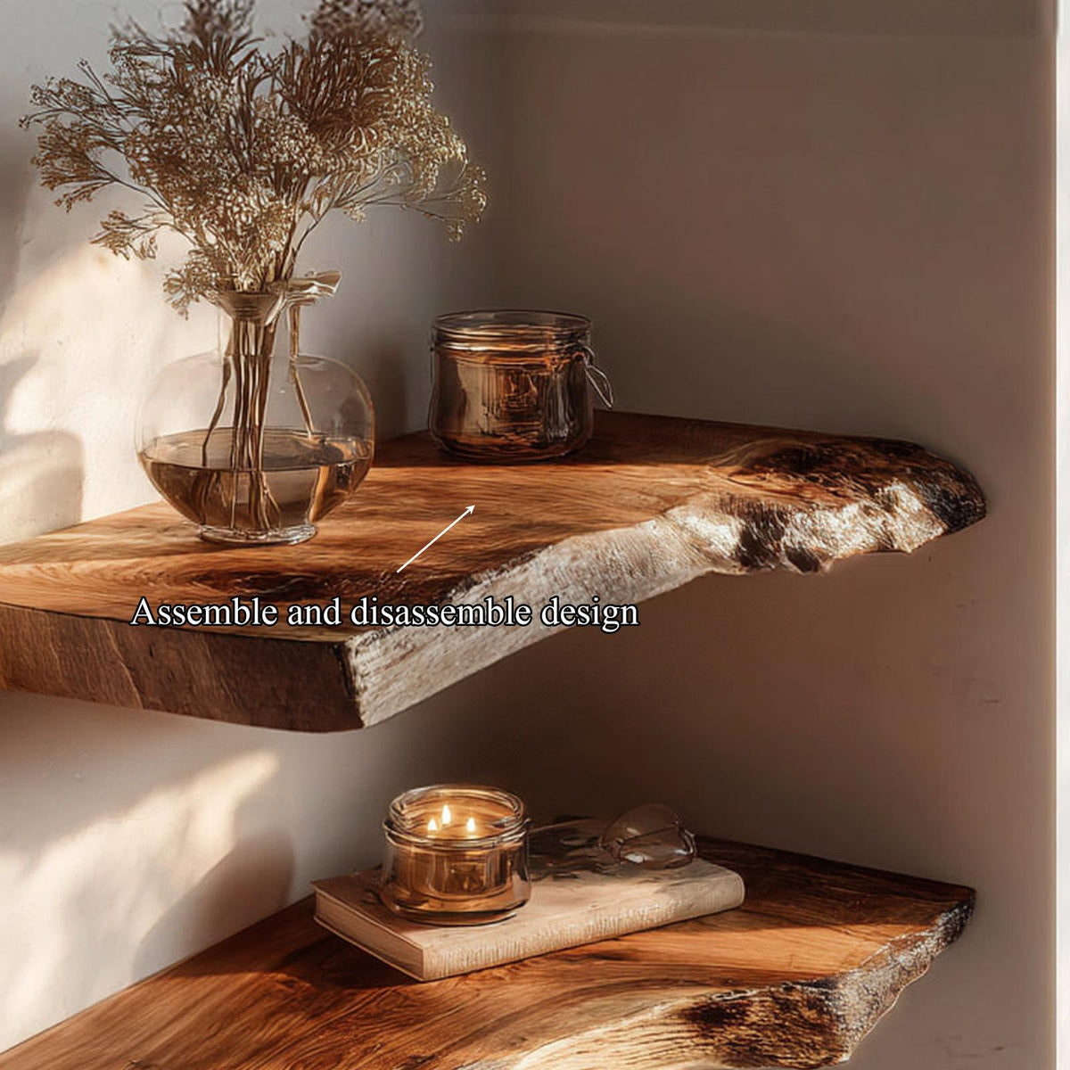 Rustic Solid Wood Floating Shelf, Wall Mounted Kitchen Spice Storage Rack & Dining Room Decorative Tableware Display Ledge