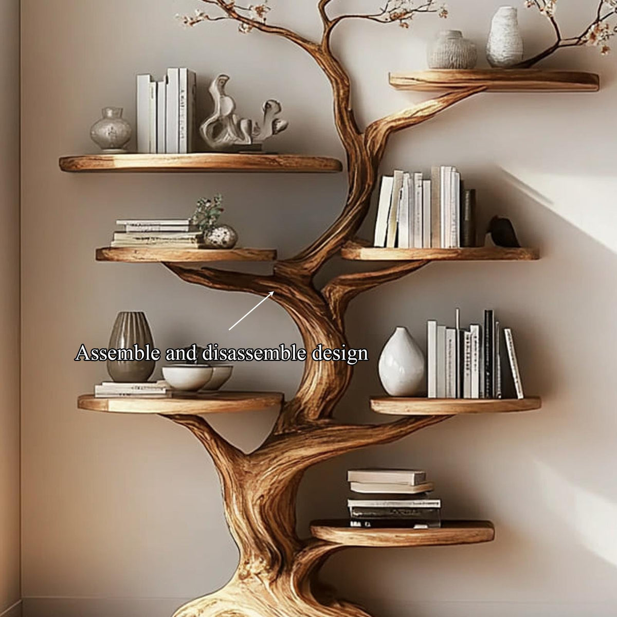 Rustic Tree Display Shelf, Handcrafted Wood Branch Bookshelf & Artistic Wall Storage Unit for Living Room, Bedroom