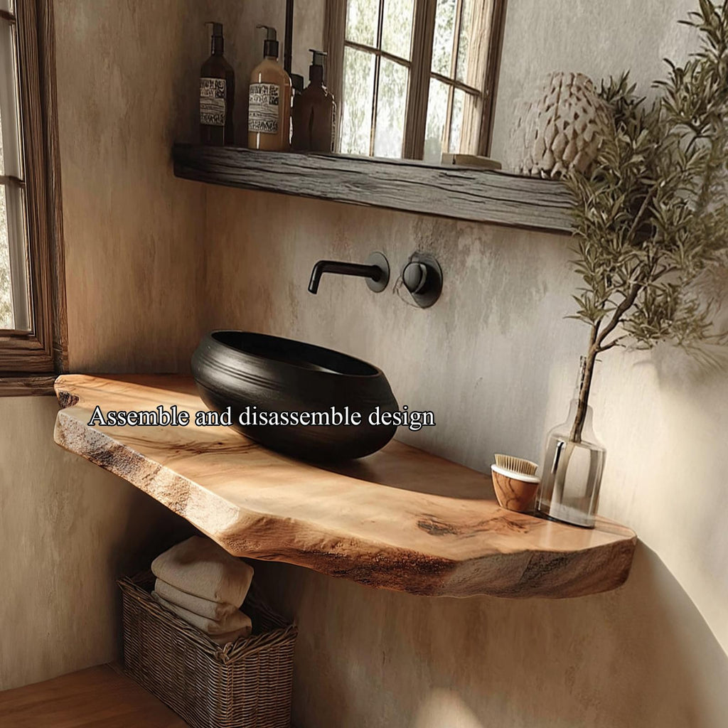 Mid Century Live Edge Wood Floating Shelf, Powder Room Vanity Natural Solid Wood Wall Shelf, Model