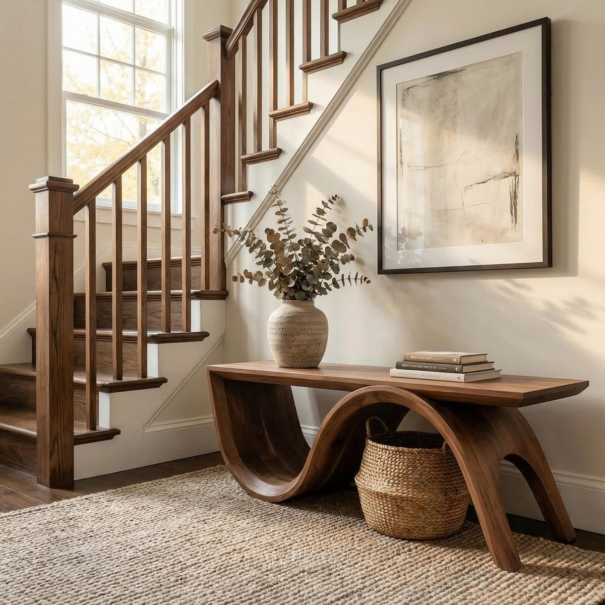 Spry Interior Mid Century Solid Wood Bench, Sculptural Curved Base Entryway & End of Bed Bench, SINLKIRS088