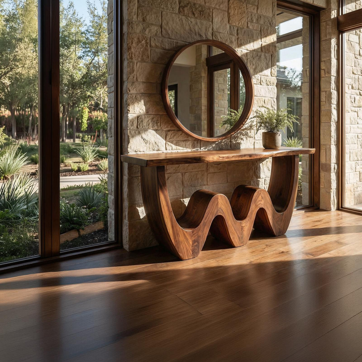 Rustic Triple Wave Wood Console Table, Sculptural Entryway, Hallway & Sofa Back Table