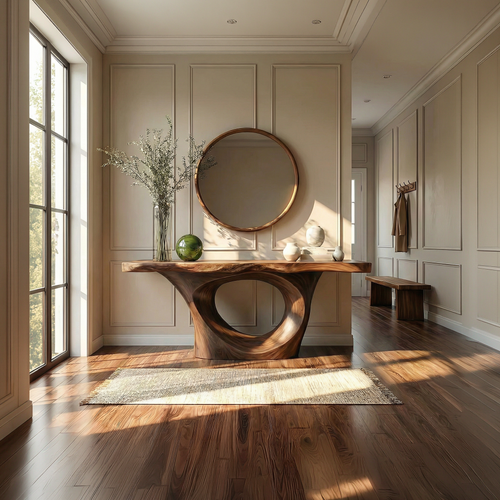 Artistic Circular Base Wood Console Table, Unique Entryway, Hallway & Sofa Back Table