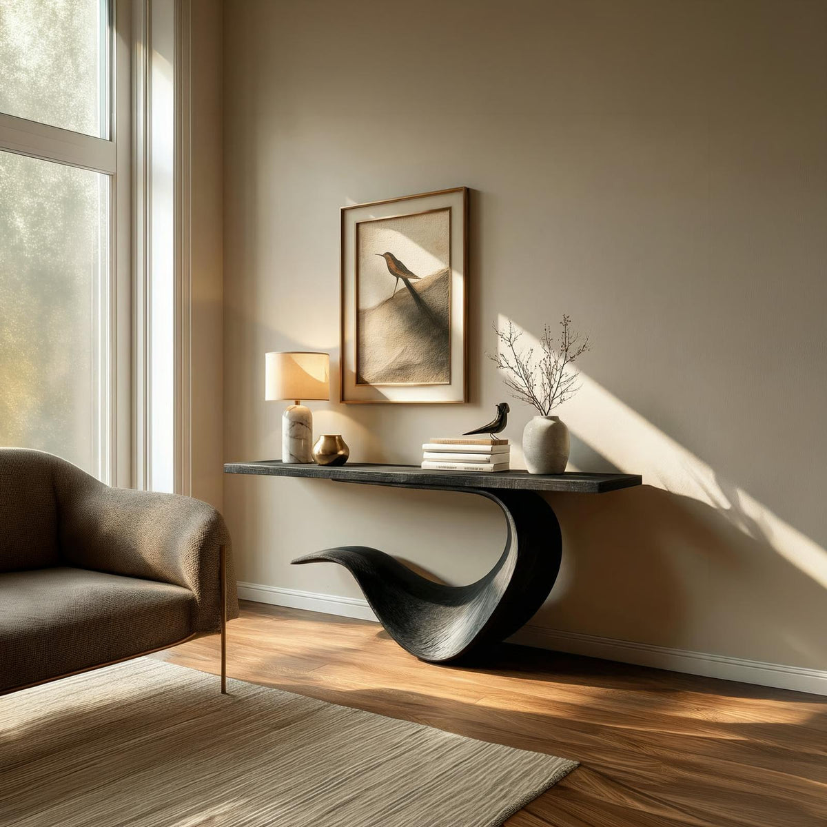 Modern Sculptural Console Table, Solid Wood Entryway, Hallway & Sofa Back Accent Table
