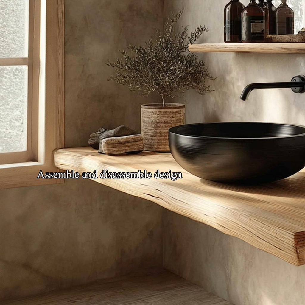 Mid-Century Floating Shelf, Natural Edge Solid Wood Bathroom Vanity, Single Sink Washroom Wood Countertop