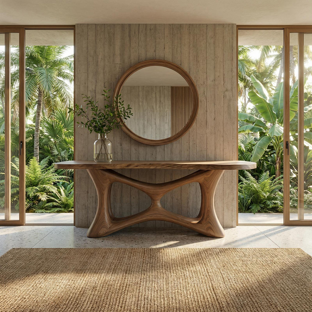Organic Sculptural Wood Console Table, Modern Sofa Back & Entryway Display Table for Living Room