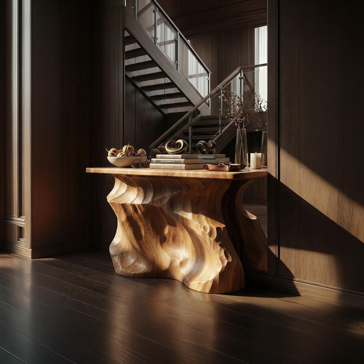 Rustic Solid Sculptural Wood Console Table, Handcrafted Entryway, Hallway & Sofa Back Table