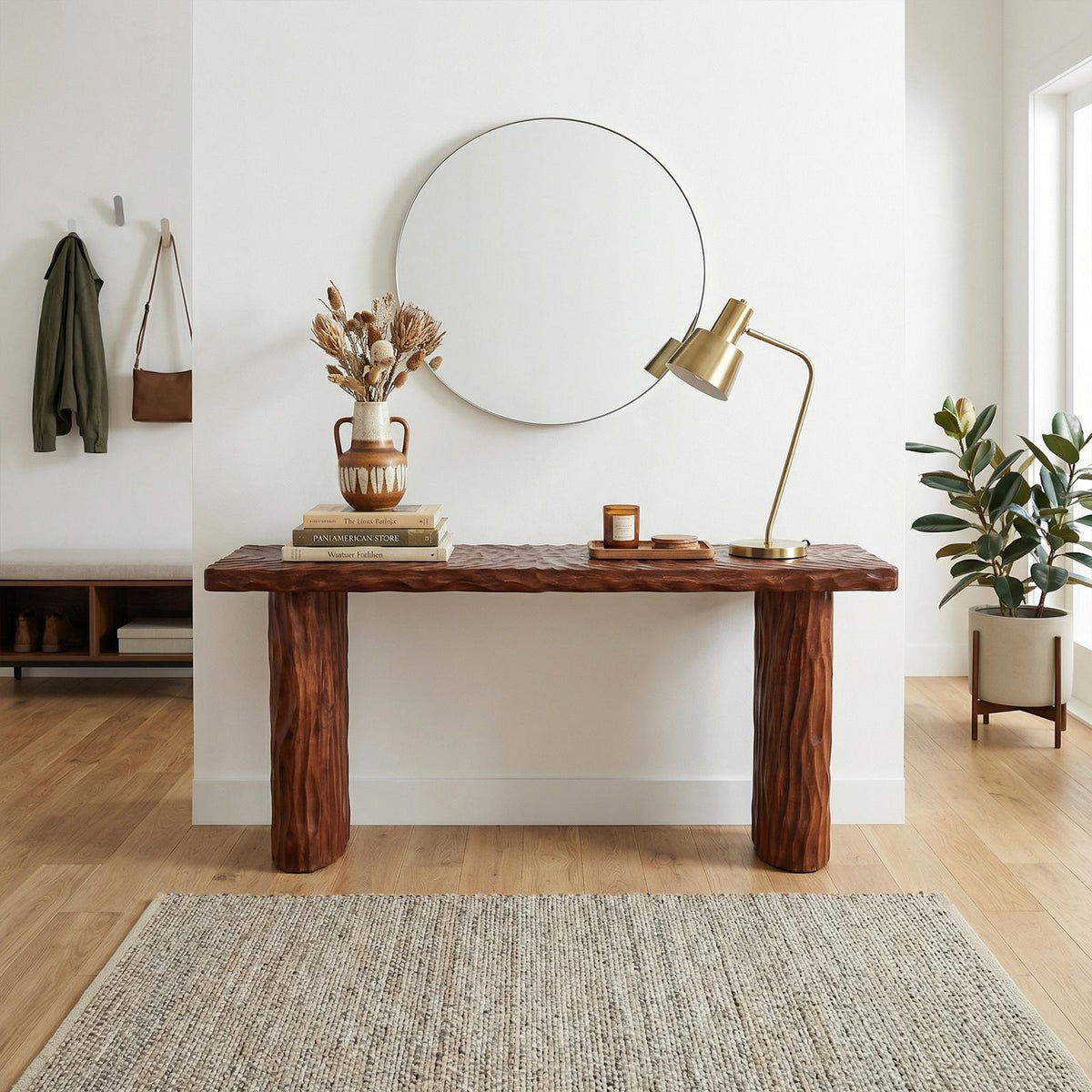 Rustic Textured Solid Wood Console Table, Sofa Back Narrow Entryway & Hallway Display Table