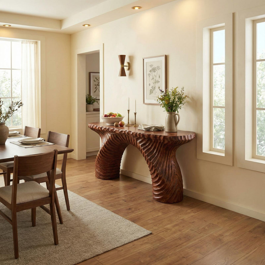 Rustic Ribbed Arch Wood Console Table, Handcrafted Narrow Entryway & Hallway Accent Table