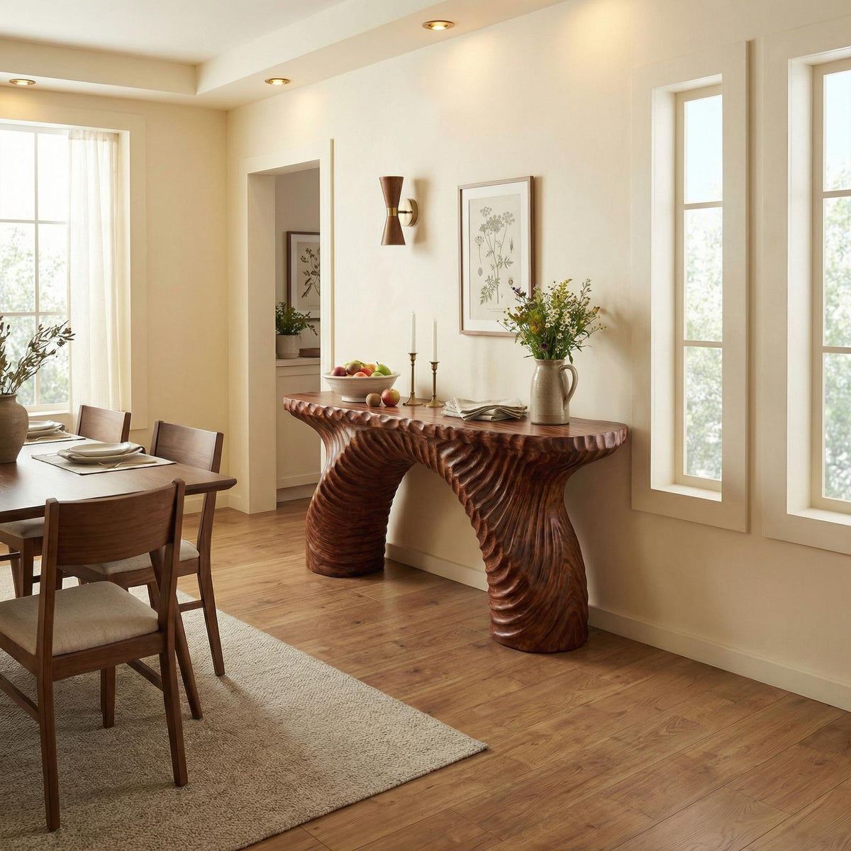 Rustic Ribbed Arch Wood Console Table, Handcrafted Narrow Entryway & Hallway Accent Table
