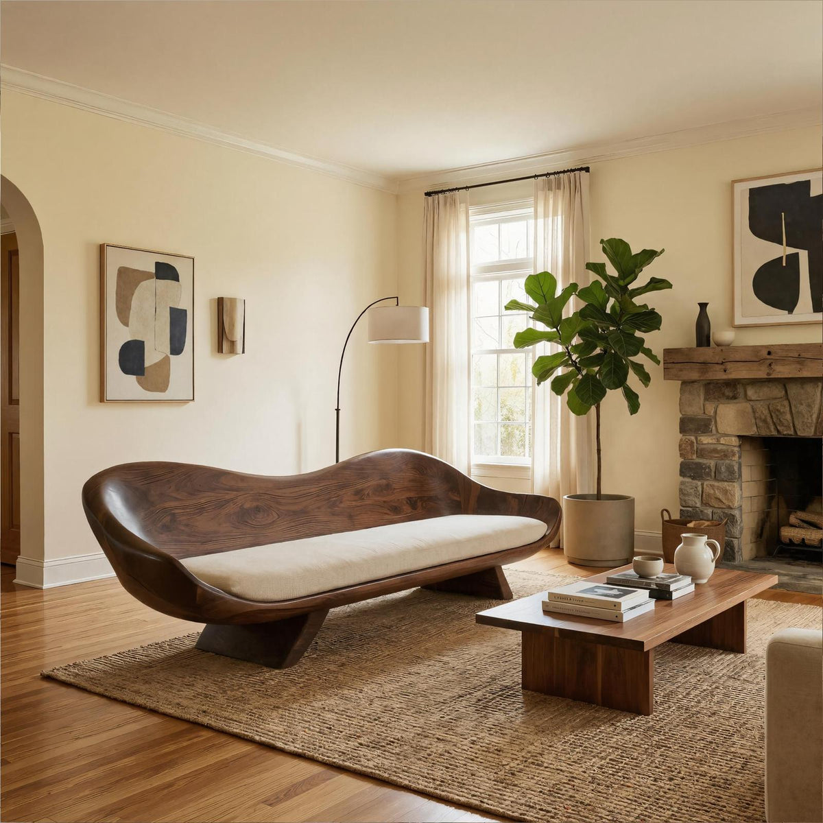 Modern Sculptural Wood Sofa Living Room Organic Curved Couch Statement Furniture