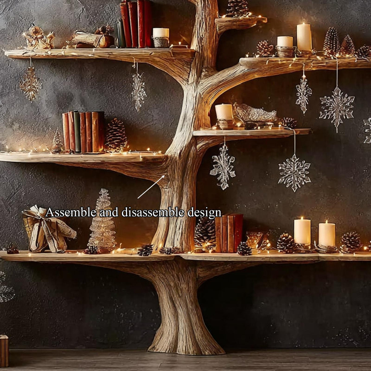 Rustic Tree Bookshelf Winter Living Room
