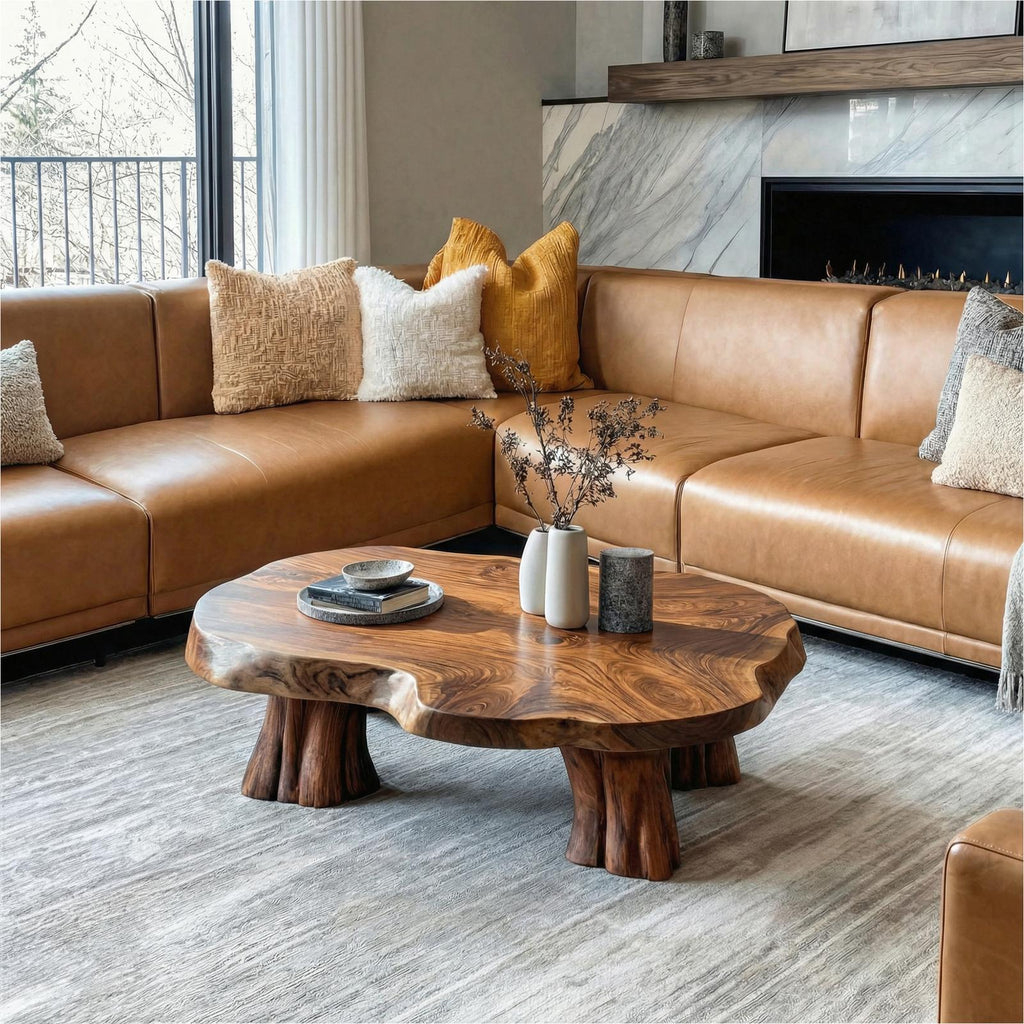 Organic Sculptural Solid Wood Coffee Table, Natural Live Edge Center Table for Living Room, Rustic Art Deco Accent