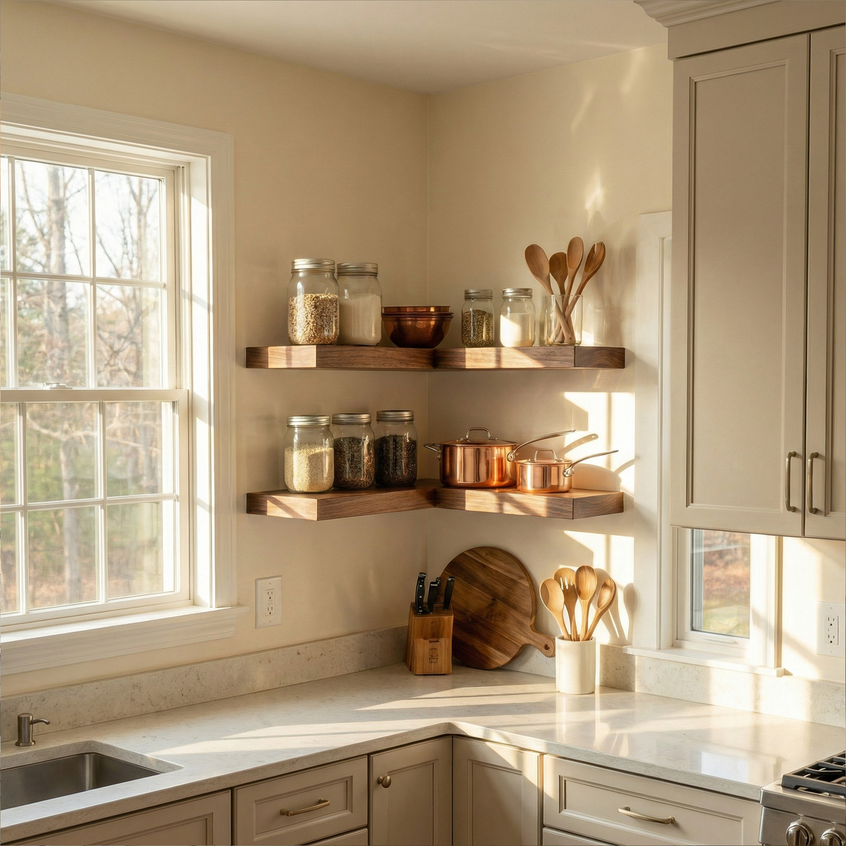 Modern Corner Wall Mounted Kitchen Shelving Unit Wood Storage Rack
