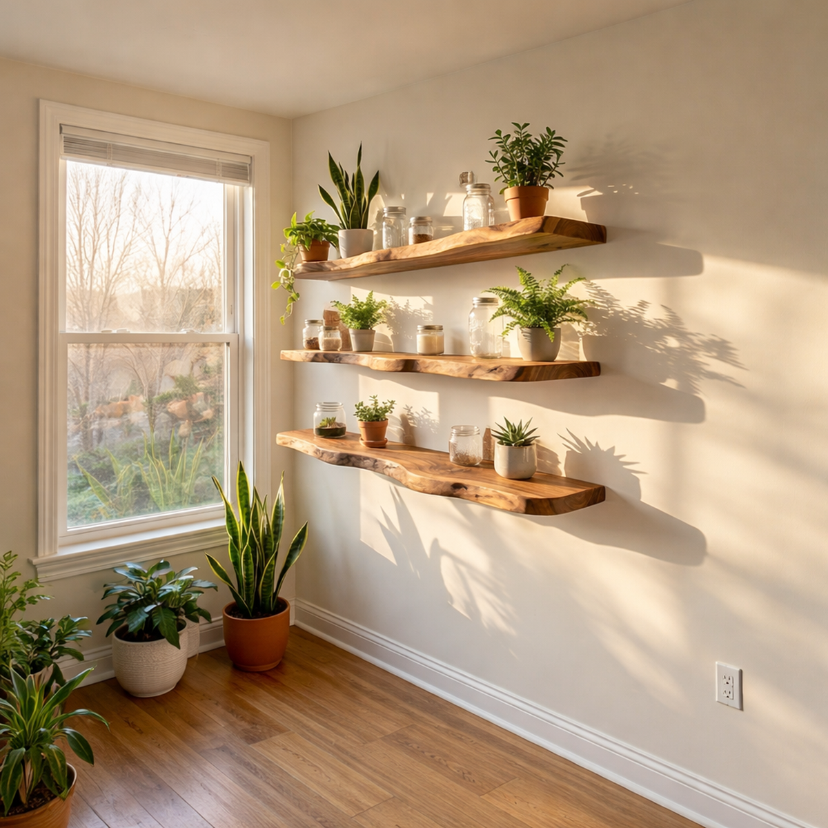 Modern Organic Wall Shelves Solid Wood Plant Display Rack