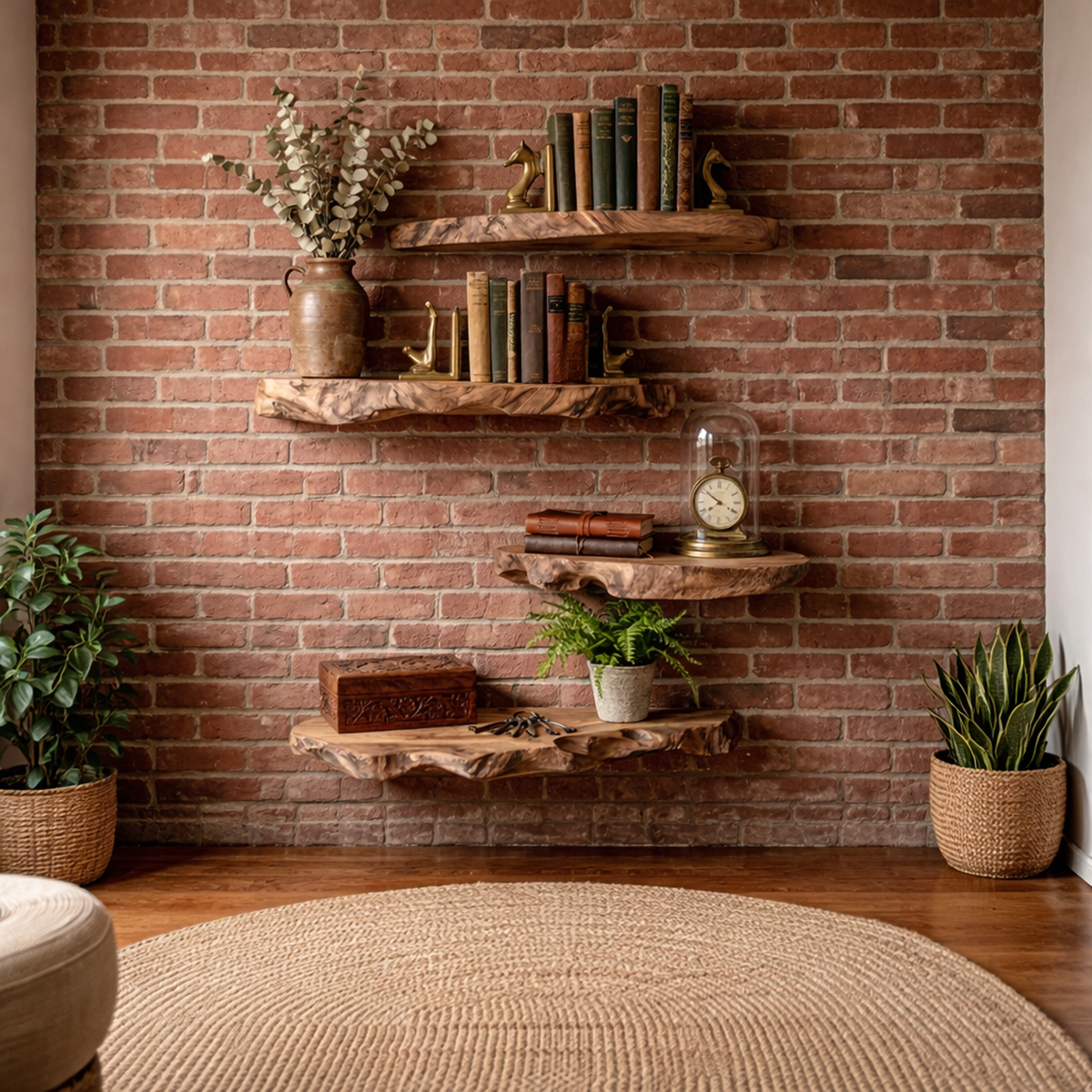 Modern Live Edge Corner Floating Shelves, Solid Wood L Shaped Hanging Shelf, Rustic Bathroom & Living Room Organizer