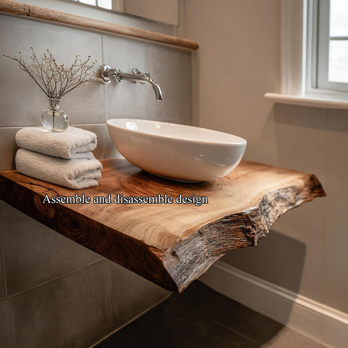Teezano Rustic Live Edge Floating Shelf, Washroom Natural Solid Wood Wall Mounted Storage Shelf, Model SINLKIBRV165