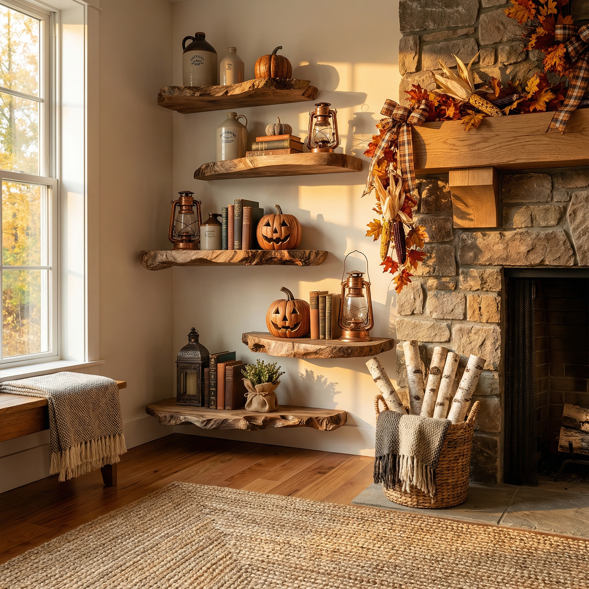 Modern Farmhouse Floating Wall Shelves, Solid Wood Hanging Display Racks for Autumn Thanksgiving Home Decor, Accent