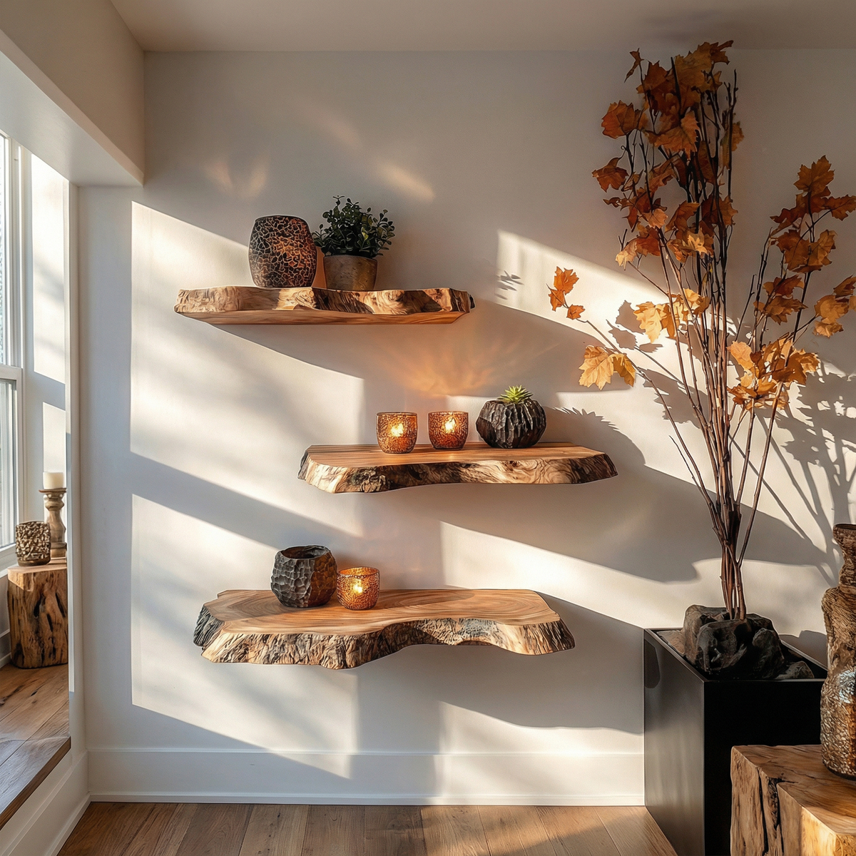 Modern Thick Live Edge Floating Wall Shelves, Chunky Solid Wood Slab Floating Shelves for Kitchen, Bathroom & Plants