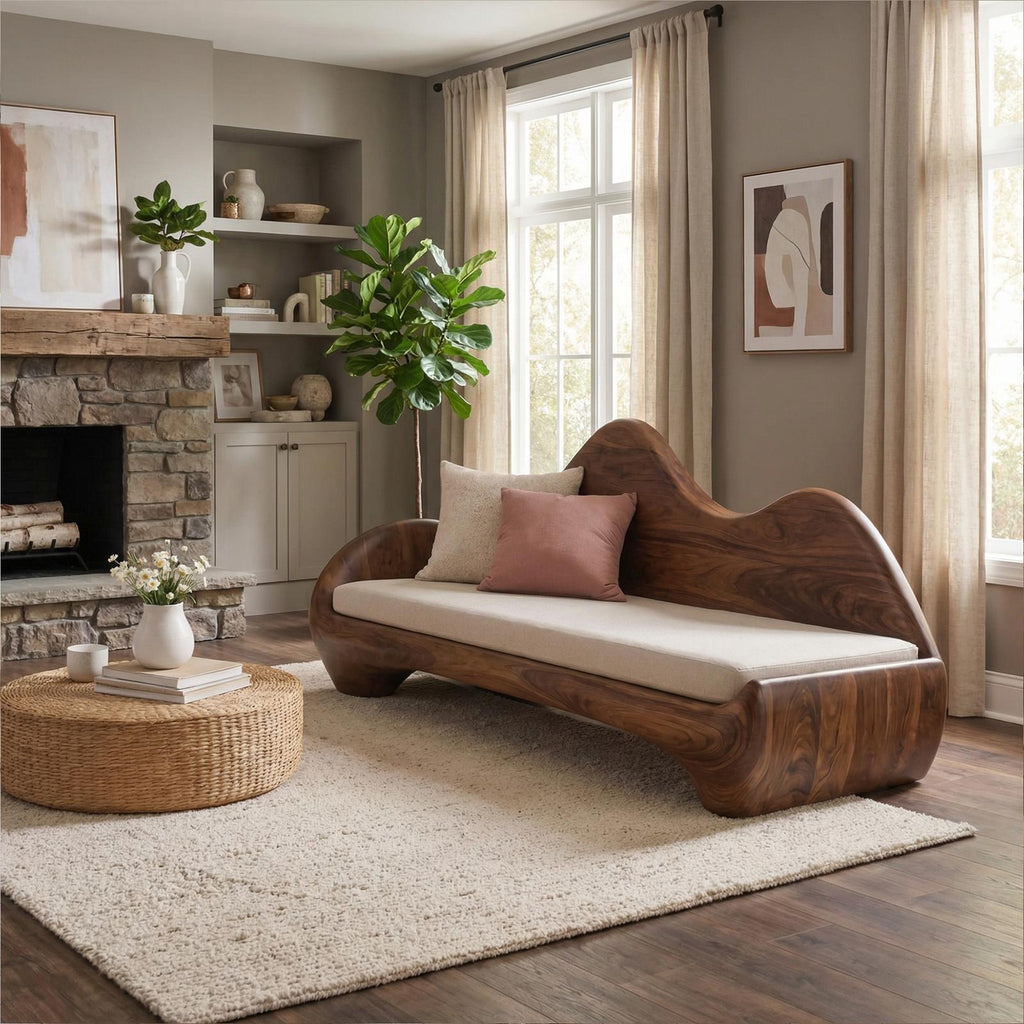 Modern Sculptural Wood Sofa Living Room Organic Curved Wooden Couch