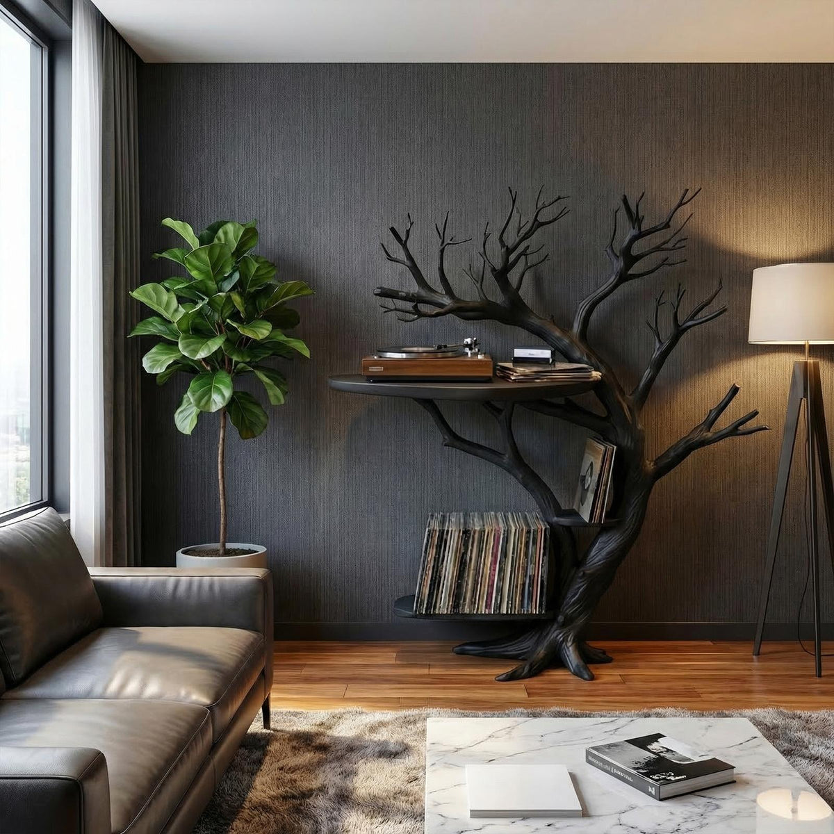 Rustic Tree Shaped Record Player Stand Shelf Living Room Decor