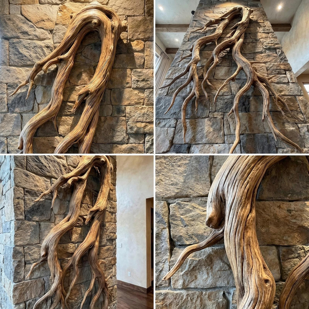 Rustic Root Wood Wall Sculpture, Handcrafted Natural Teak Hanging Art for Living Room & Entryway