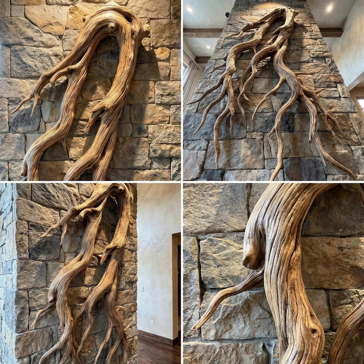 Rustic Root Wood Wall Sculpture, Handcrafted Natural Teak Hanging Art for Living Room & Entryway