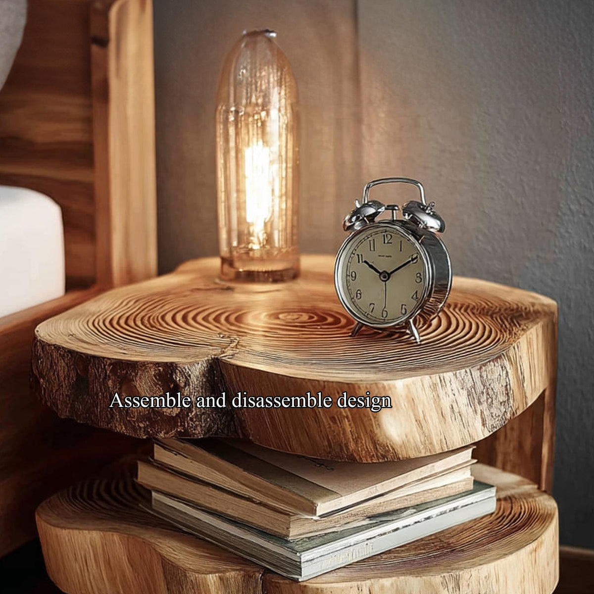 Rustic Solid Wood Bedside Table, Handcrafted Natural Wood Nightstand for Bedroom, Accent End Table with Metal Legs