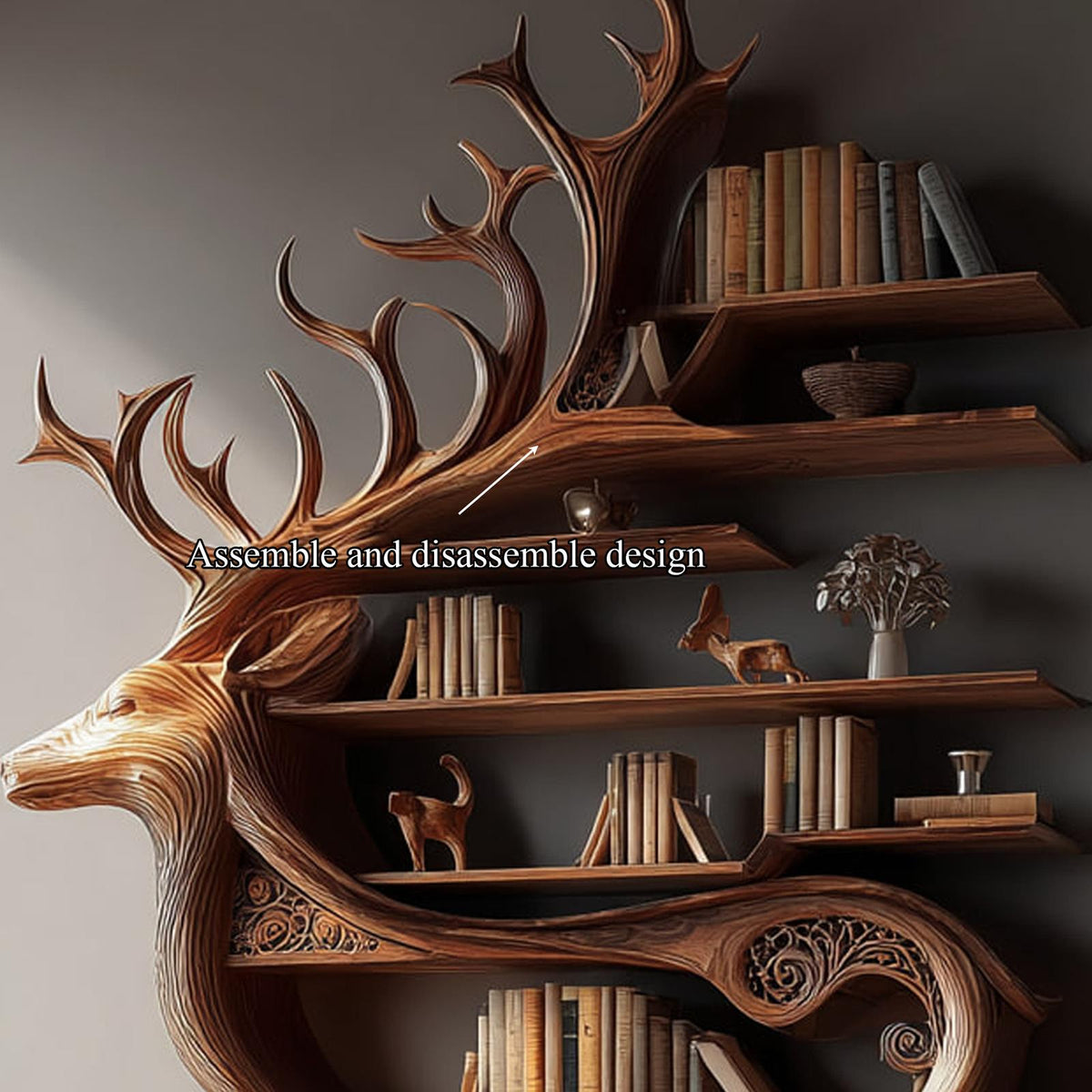 Spry Interior Rustic Wooden Deer Bookshelf Console, Artful Animal Shape Storage Rack, Solid Timber Display Case for Living Room SINLKISC099