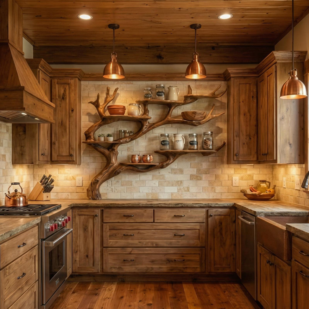 Rustic Tree Branch Wall Shelf Kitchen Storage Display Decor