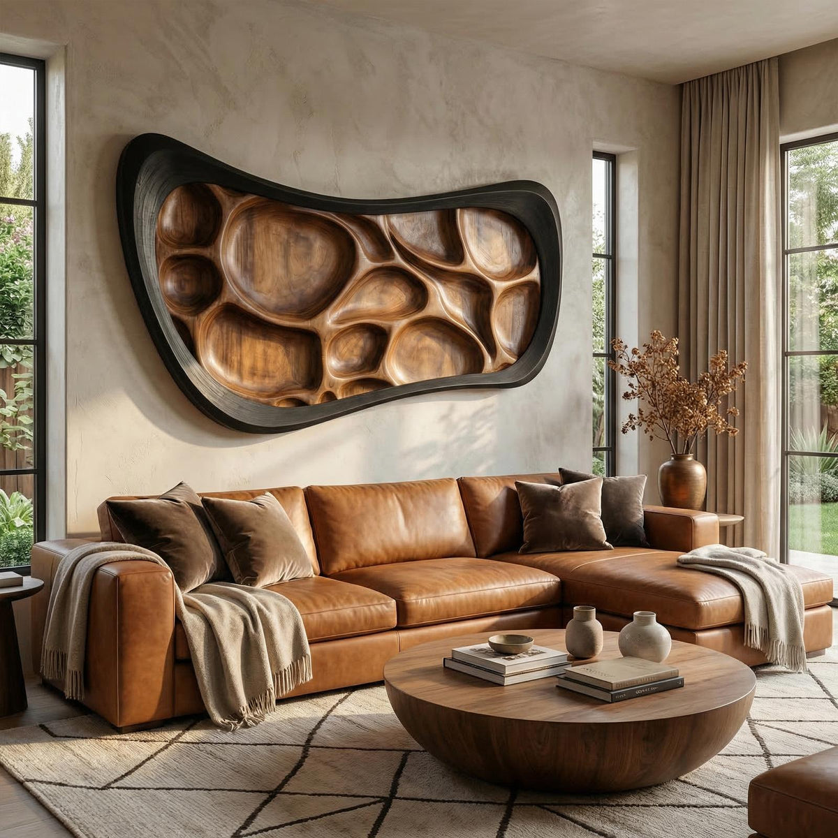 Rustic Wood Sculpture Wall Panel, Handcrafted 3D Wooden Hanging Art for Living Room & Lounge