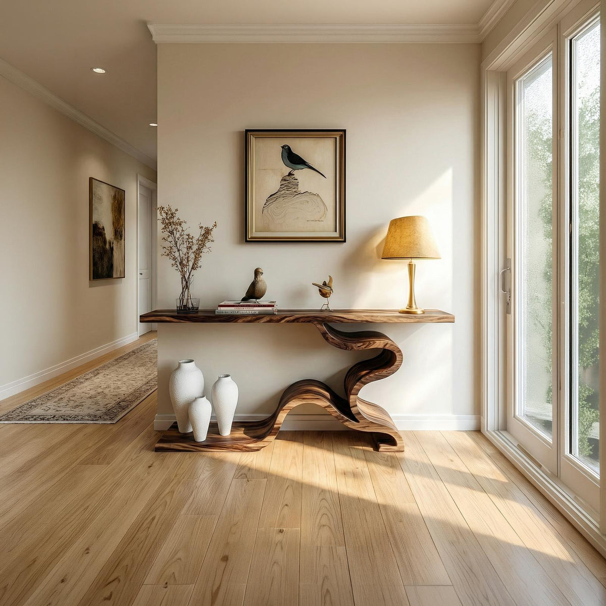 Sculptural S-Curve Wood Console Table, Handcrafted Sofa Back & Entryway Accent Table