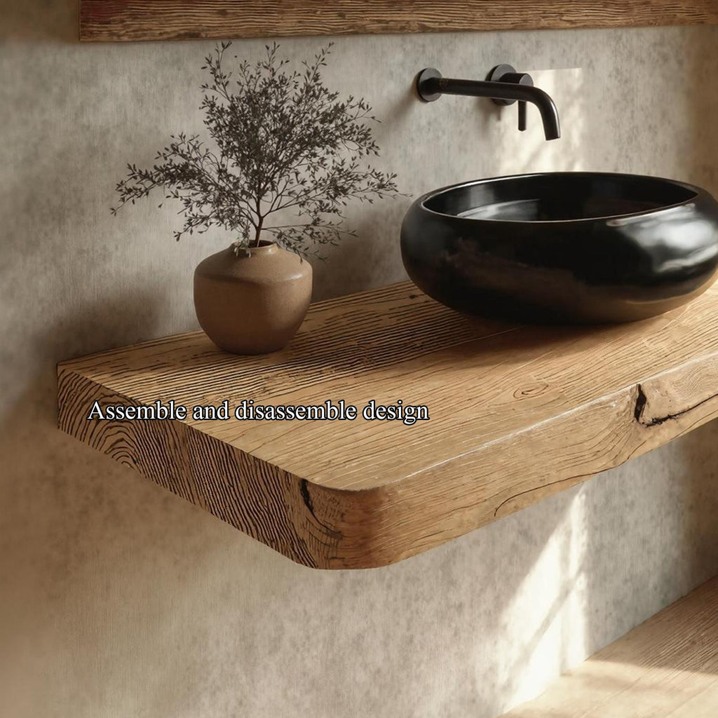 Rustic Floating Shelf, Natural Live Edge Solid Wood Bathroom Vanity Countertop, Single Sink Console Shelf